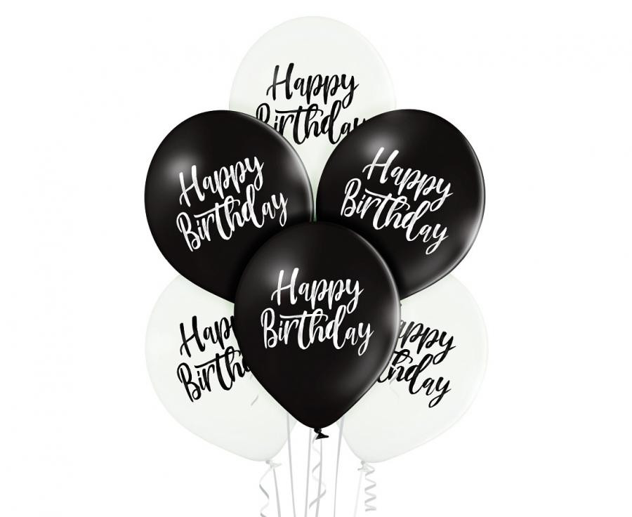 Black White Happy Birthday léggömb, lufi 6 db-os 12 inch (30cm)