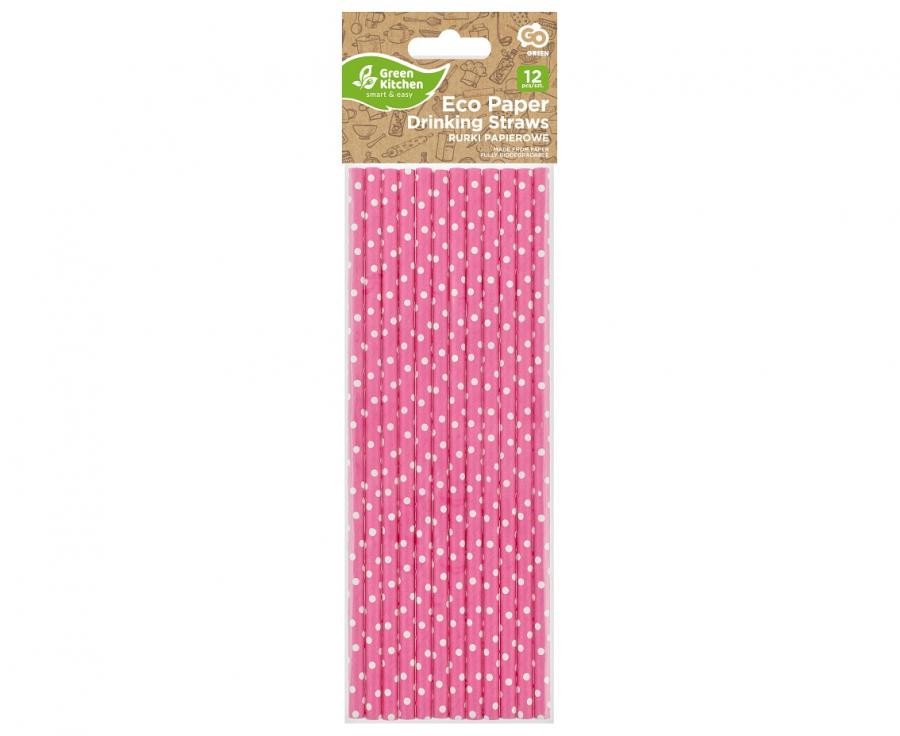 Rózsaszín Pink Dots papír szívószál 12 db-os