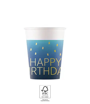 Happy Birthday Golden Blue papír pohár 8 db-os 200 ml FSC