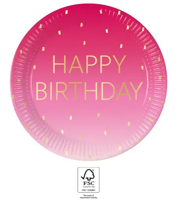 Happy Birthday Golden Pink papírtányér 8 db-os 23 cm FSC