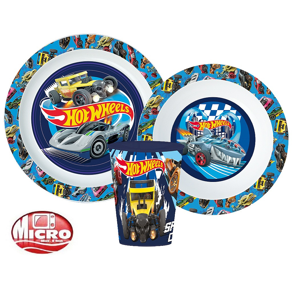 Hot Wheels Blue Fire étkészlet, micro műanyag szett pohárral 260 ml